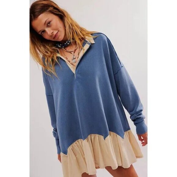 Free People Olivia Sweatshirt Top Collared Oversized Soft Cotton Solid L - Picture 2 of 9